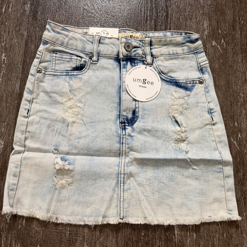 UMGEE‎ DENIM Light Wash Distressed Frayed Hem Denim Mini Skirt Size S